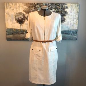 Patch pocket cream dress, 3/4 sleeves and tan belt